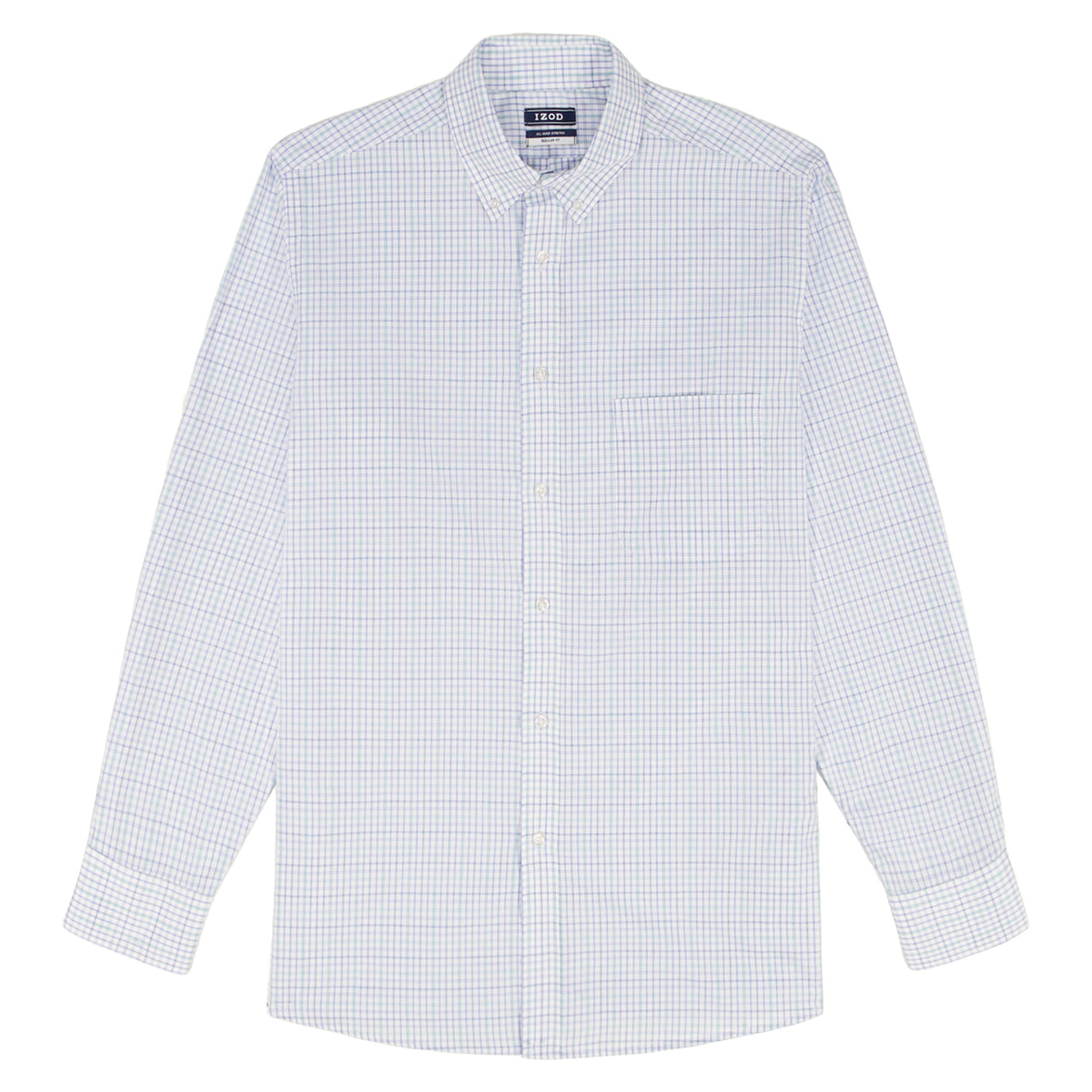 Izod ALL-OVER STRETCH L/S PLAID BUTTON-DOWN DRESS SHIRT - PAGODA BLUE