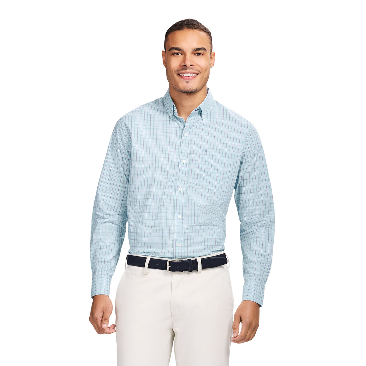 Izod PERFORMANCE COMFORT L/S PLAID BUTTON-DOWN SHIRT - TANAGER TURQUOISE