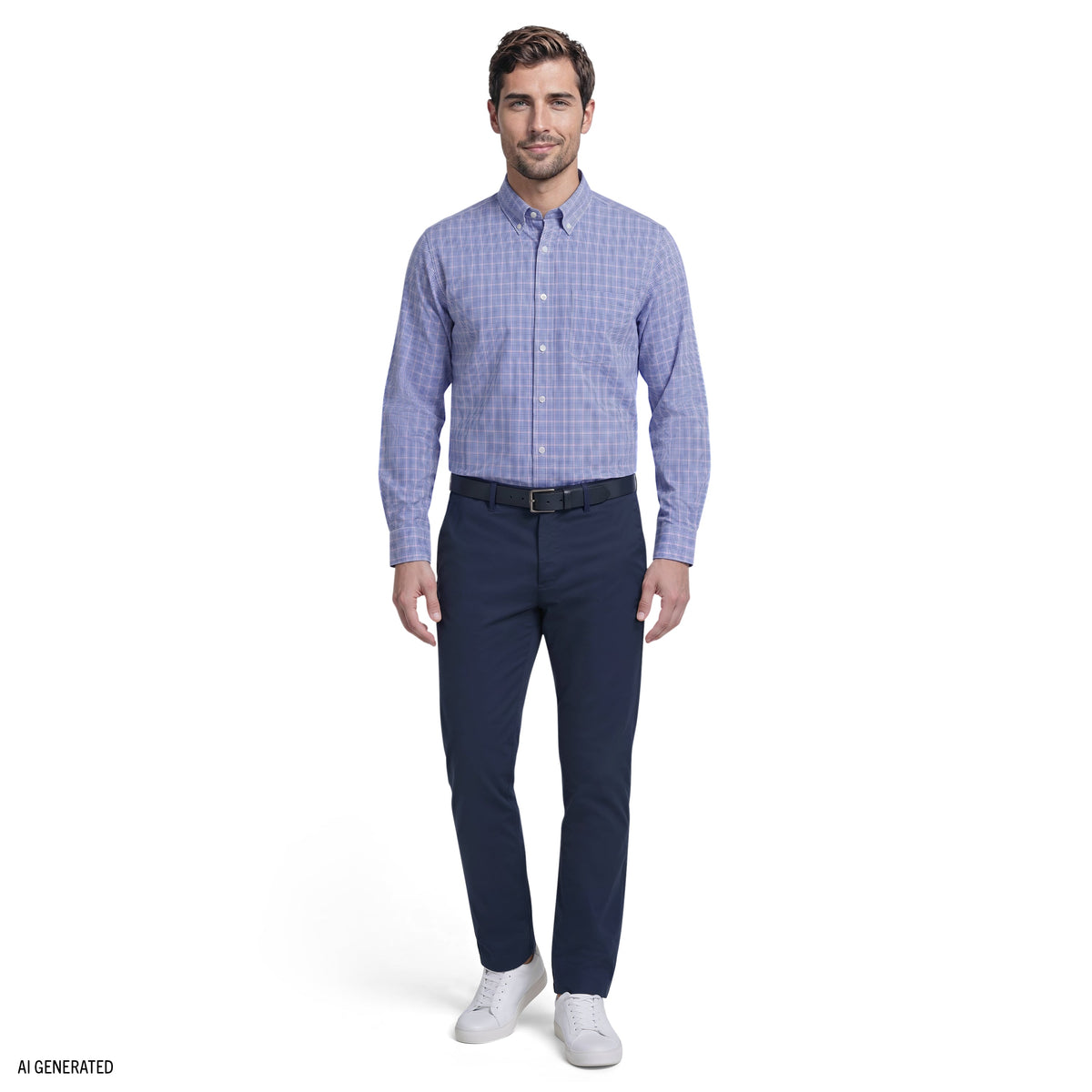 Izod ALL-OVER STRETCH L/S PLAID BUTTON-DOWN DRESS SHIRT - ULTRAMARINE
