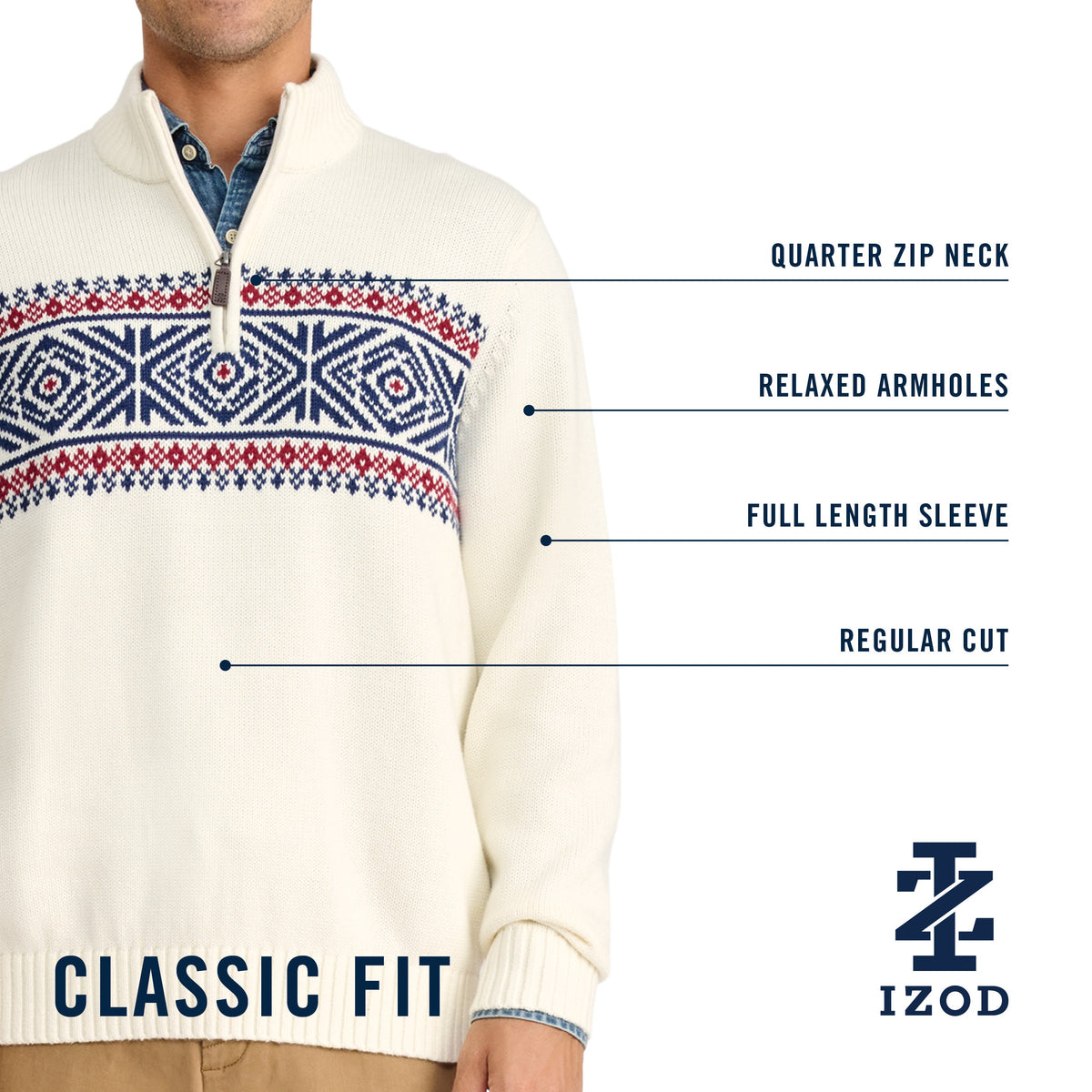 Izod Holiday Fairisle Quarter Zip Sweater - Rock Hthr