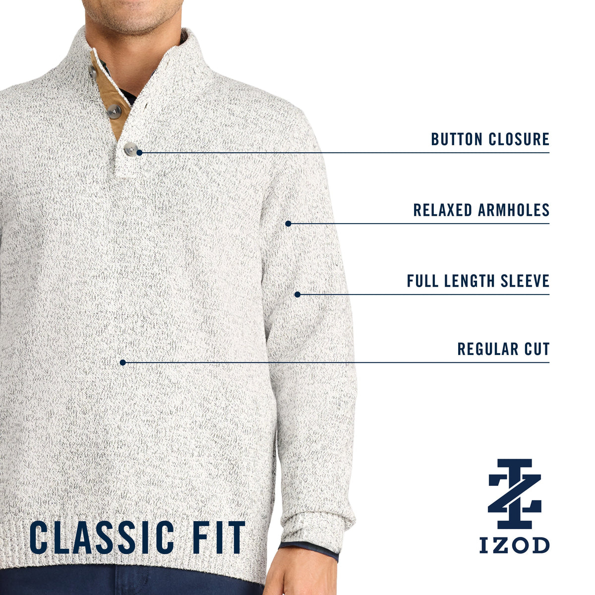 Izod Holiday Button Mock Sweater - Rock Hthr