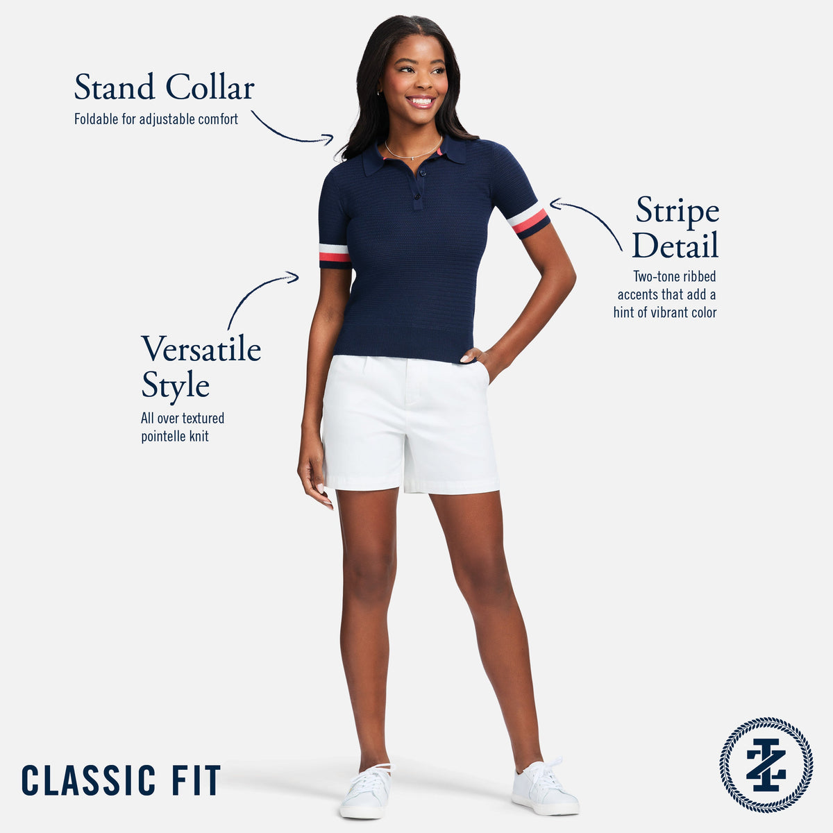 Izod RAQUEL SHORT SLEEVE POINTELLE SWEATER POLO - MEDIEVAL BLUE
