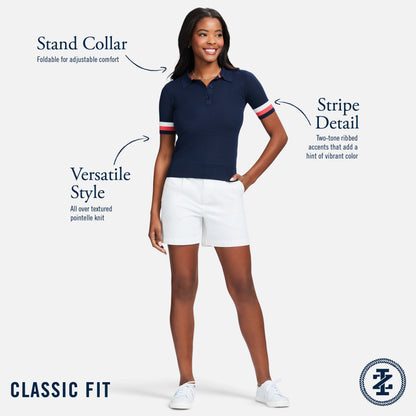 Izod RAQUEL SHORT SLEEVE POINTELLE SWEATER POLO - MEDIEVAL BLUE