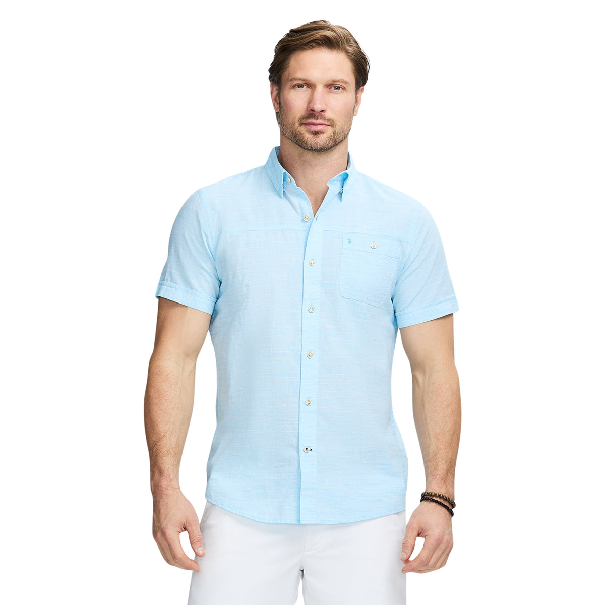 Izod Dockside Solid Chambray Short Sleeve Button Down Shirt - Aquarius