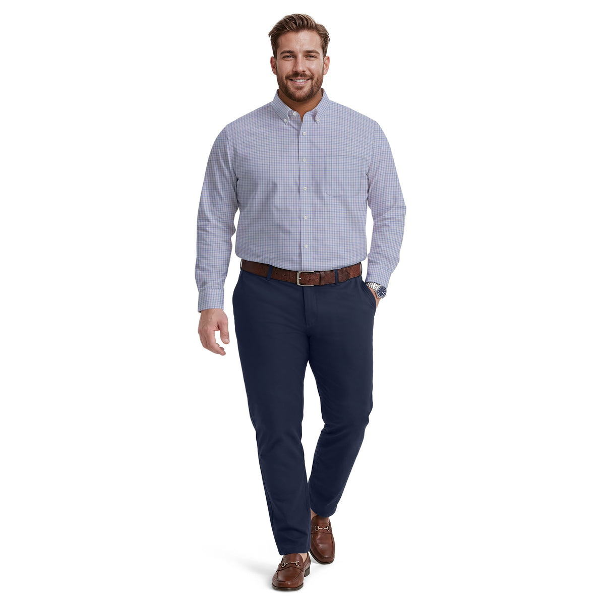 Izod BIG & TALL ALL-OVER STRETCH L/S PLAID BUTTON-DOWN DRESS SHIRT - DAHLIA