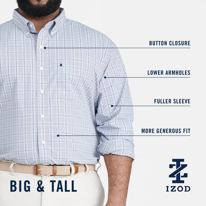 Izod Big & Tall Performance Comfort L/S Plaid Shirt - Larkspur